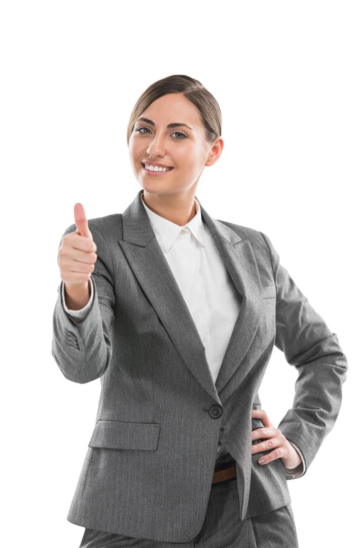 Portrait of smiling business woman, isolated on white background. Thumb up.